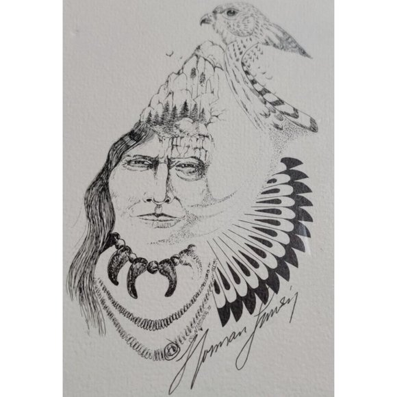 Vtg Norman Lansing UTE Planograph Print Indian Head & Spirit Animal Signed 1982 - Picture 3 of 6